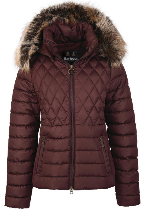 Barbour quilted jacket in dark maroon with full zip and faux-fur trimmed collar