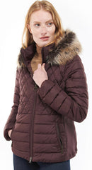 Quilted zip-front jacket with faux-fur trimmed collar in dark maroon