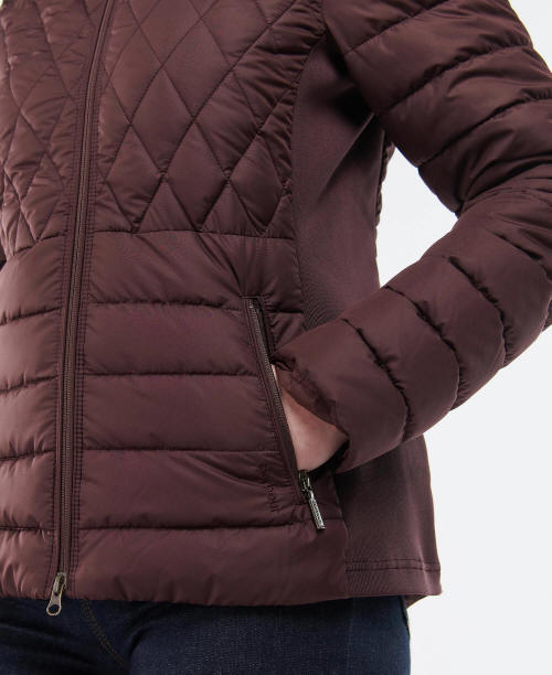 Quilted zip-front jacket in dark maroon with diamond stitching and zip pockets