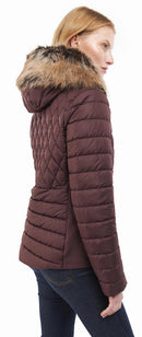 Quilted jacket sleeve and side view in dark maroon with diamond stitch pattern
