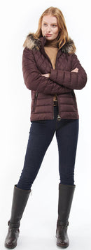 Quilted zip-front jacket in dark maroon with faux-fur collar and ribbed cuffs