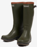 Pair of olive green rubber wellington boots with brown collar and pull-on fit