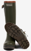 Olive green wellington boots with Barbour logo patch and chunky tread outsole