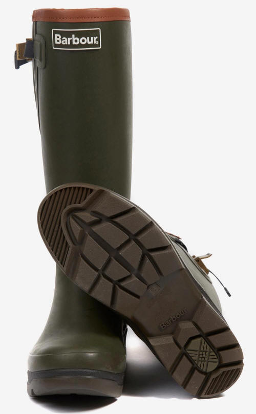 Olive green wellington boots with Barbour logo patch and chunky tread outsole