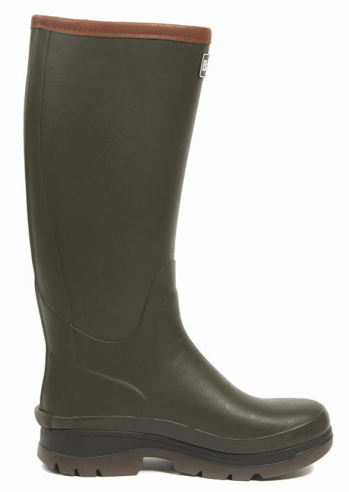 Olive green Barbour wellington boots with brown cuff, ankle-length rubber tread sole