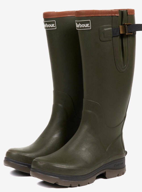 Olive green Barbour wellington boots with side buckle strap and rugged outsole