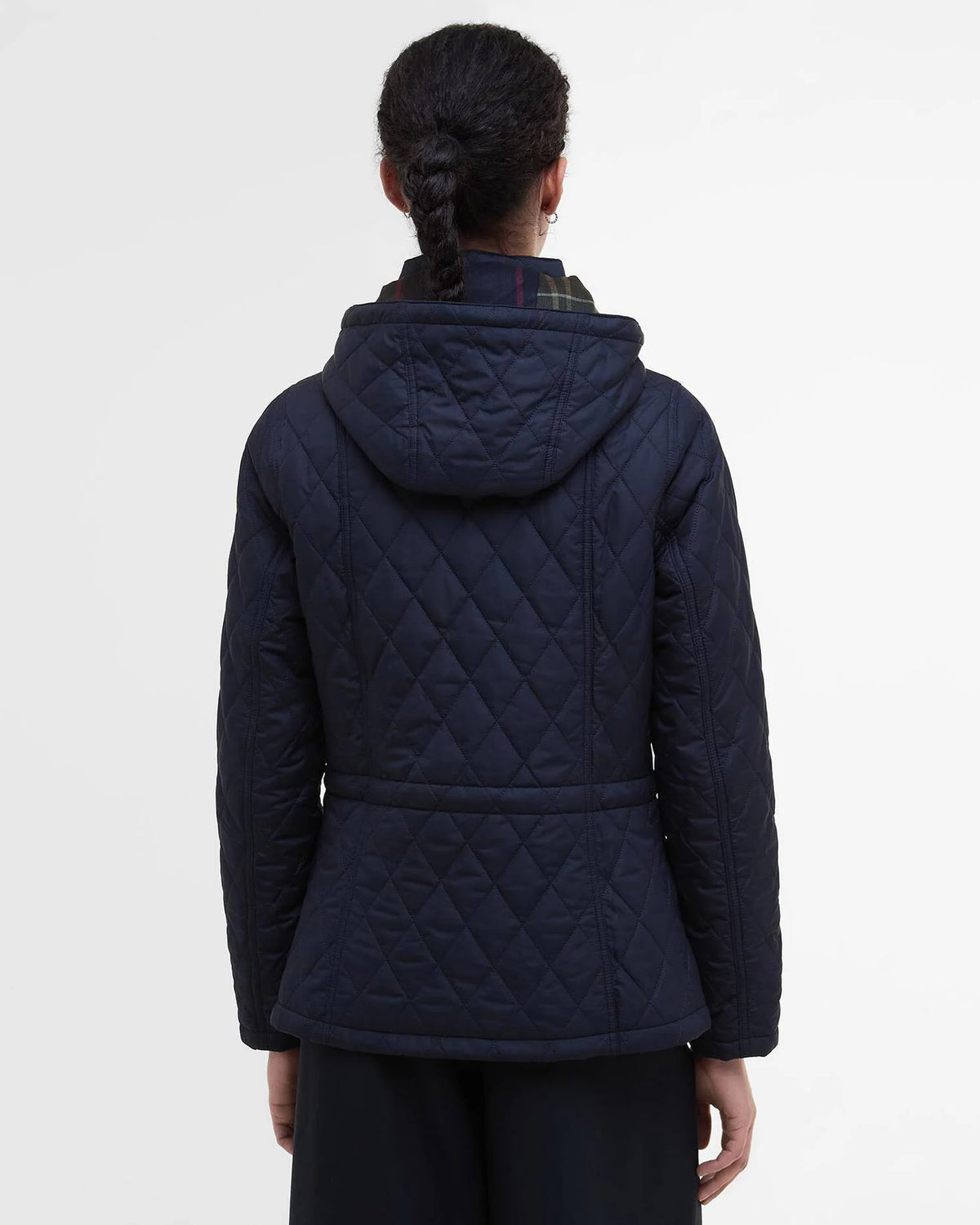 Women's navy quilted hooded jacket, diamond stitching, full-zip with snap placket
