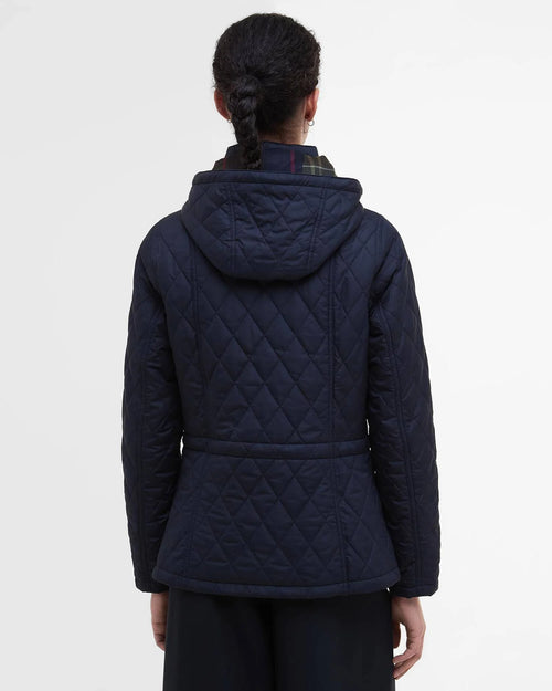 Women's navy quilted hooded jacket, diamond stitching, full-zip with snap placket
