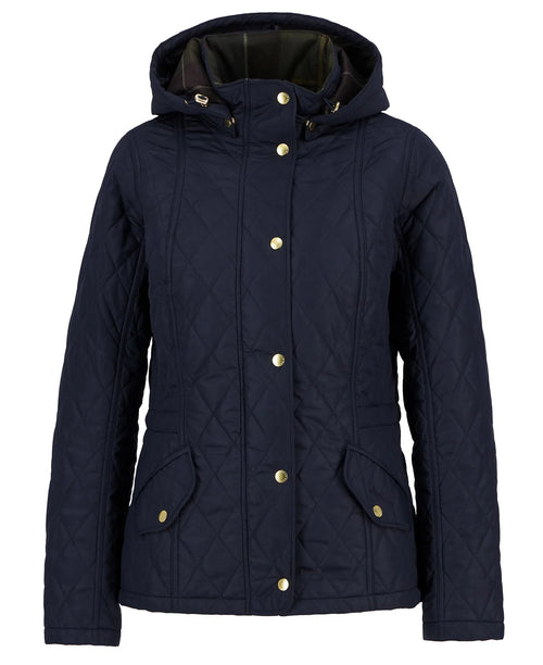 Women's navy quilted hooded jacket with gold buttons, drawstring hood, flap pockets