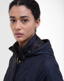 Navy quilted jacket collar and hood drawcord close-up with gold button hardware