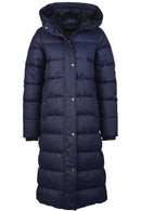 Long navy hooded puffer jacket with gold-tone snap buttons and center placket