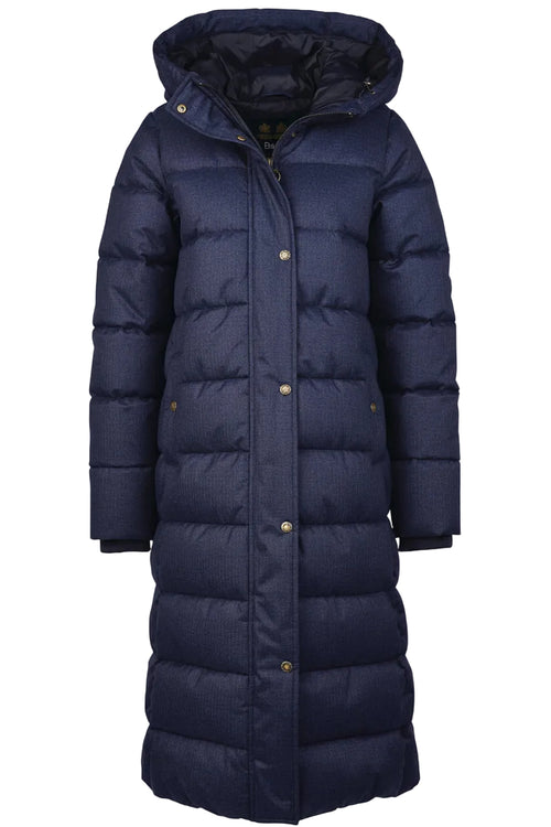 Long navy hooded puffer jacket with gold-tone snap buttons and center placket