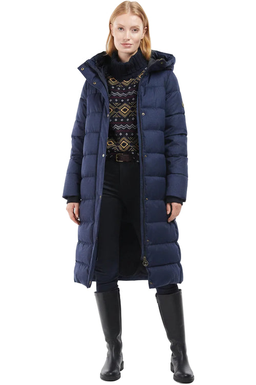 Long navy quilted puffer coat with hood and front button closure, side pockets
