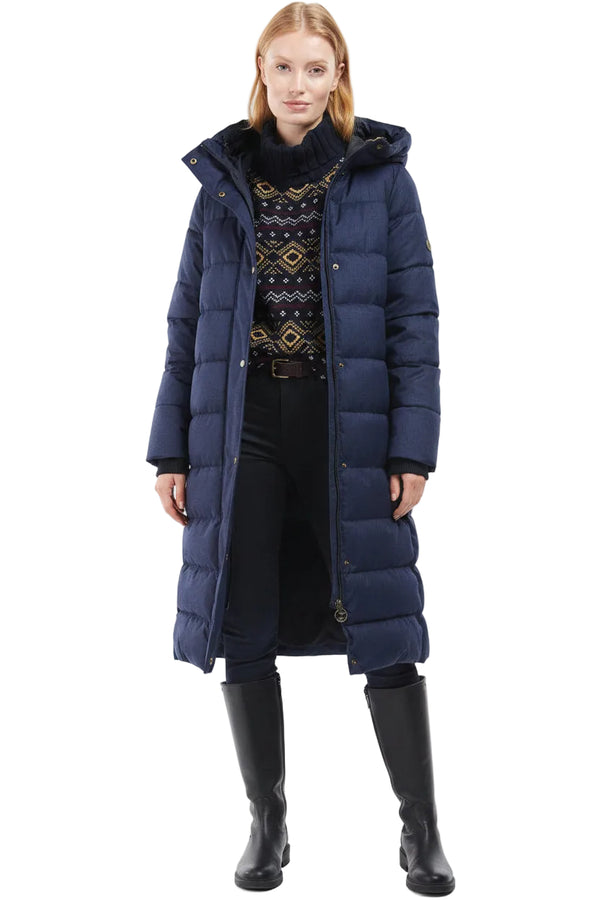 Long navy quilted puffer coat with hood and front button closure, side pockets