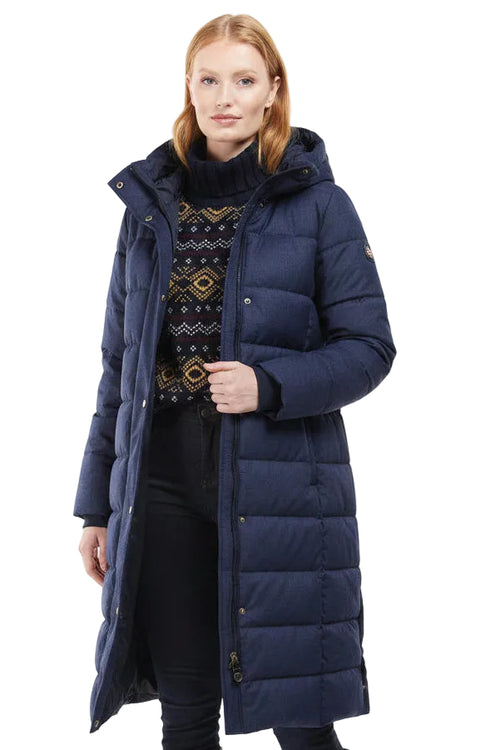 Navy quilted hooded coat with front button closure and side seam pockets