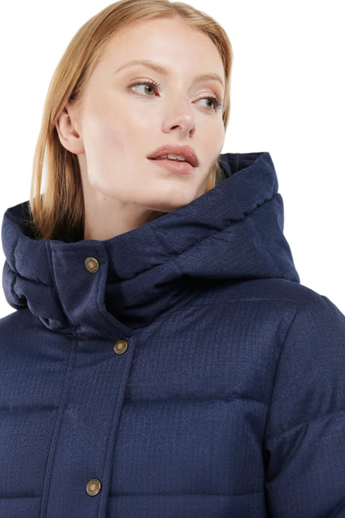 Dark navy hooded quilted jacket with button placket and high collar