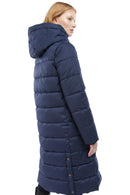 Long navy puffer jacket with full-length sleeves and hood in padded quilted design
