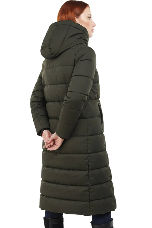 Olive green long puffer coat with hood, quilted panels, and button placket.