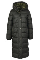 Dark long puffer coat with hood, full button front, and quilted blocks.
