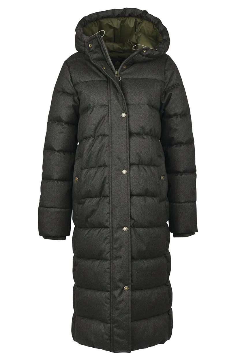 Dark long puffer coat with hood, full button front, and quilted blocks.