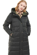 Black quilted hooded jacket with button front and large chest pockets.