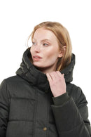 Black hooded puffer jacket with button front and high collar.