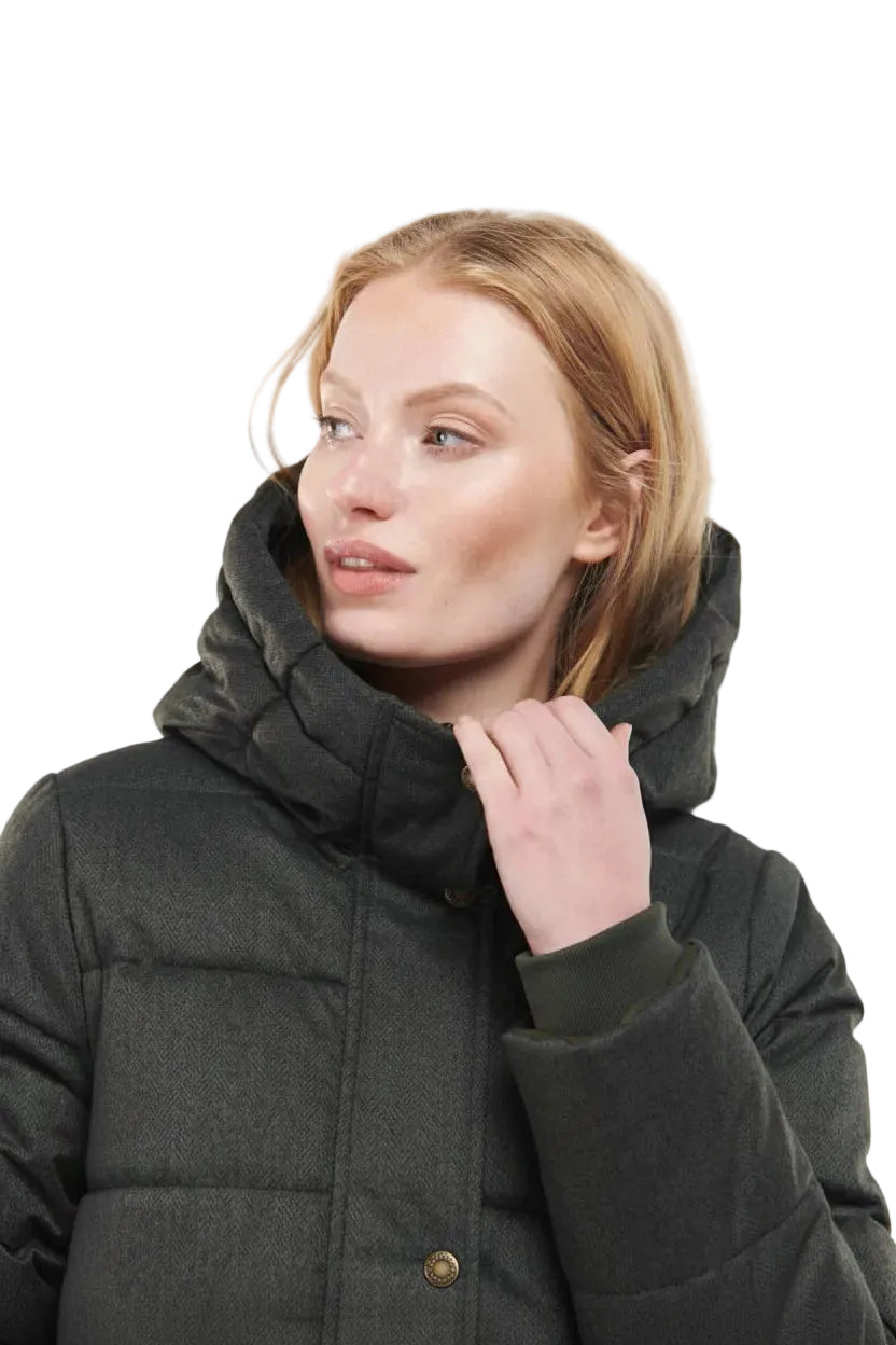 Black hooded puffer jacket with button front and high collar.