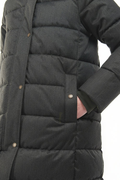 Dark quilted puffer jacket with snap front and side pocket detailing.