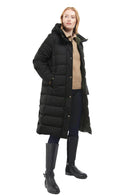 Black quilted hooded jacket with button placket and front pockets.