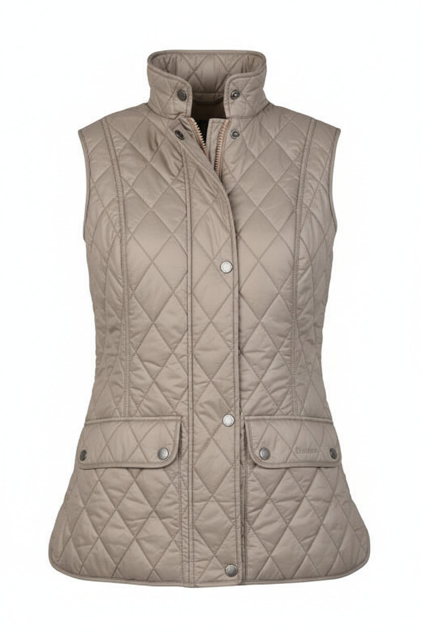 Quilted Barbour vest gilet in light tan with button front and snap pockets