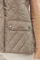 Barbour quilted vest gilet in light tan with snap pockets and logo patch