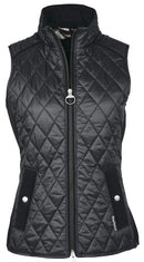 Black quilted gilet vest, sleeveless, diamond pattern, full-length zip and snap details