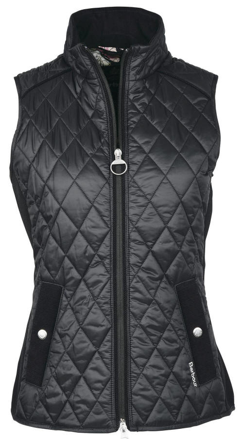 Black quilted gilet vest, sleeveless, diamond pattern, full-length zip and snap details