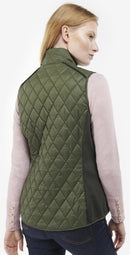 Olive quilted gilet viewed from back with stand collar and dark back panel detail