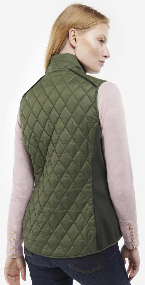 Olive quilted gilet viewed from back with stand collar and dark back panel detail