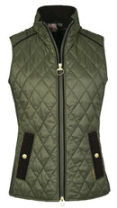 Olive quilted zip-up gilet with stand collar, gold ring pull, and flap side pockets