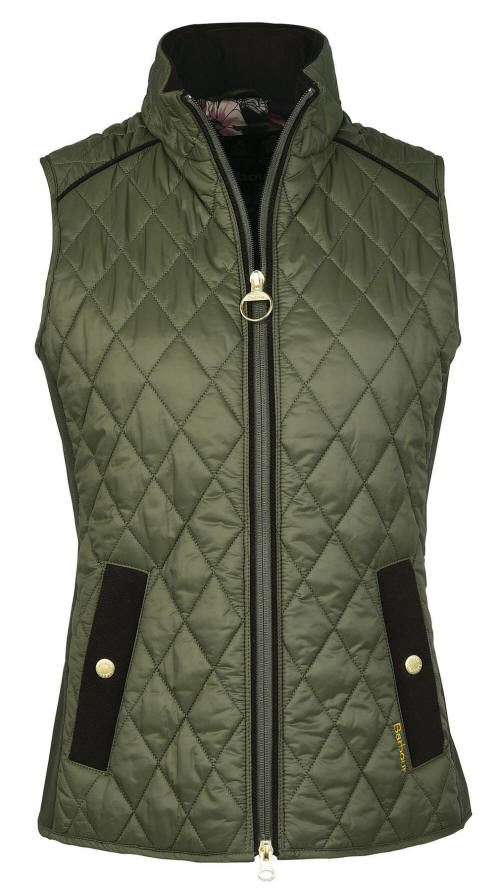 Olive quilted zip-up gilet with stand collar, gold ring pull, and flap side pockets
