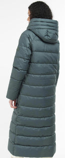 Dark green long quilted puffer coat with hood and padded back