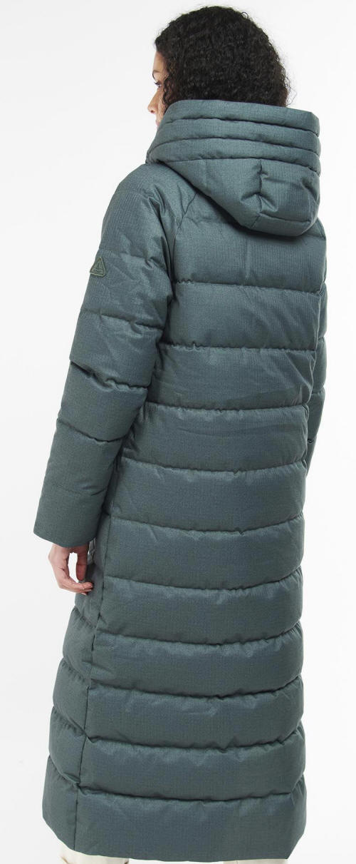Dark green long quilted puffer coat with hood and padded back