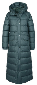 Dark green long puffer coat with hood, button placket, and patch pockets