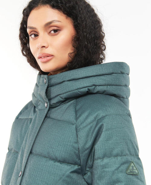 Dark green hooded quilted coat with high collar and button-front closure