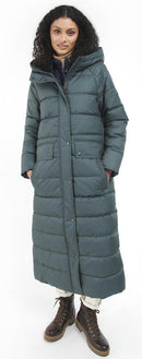 Dark green hooded quilted coat with button front and side pockets