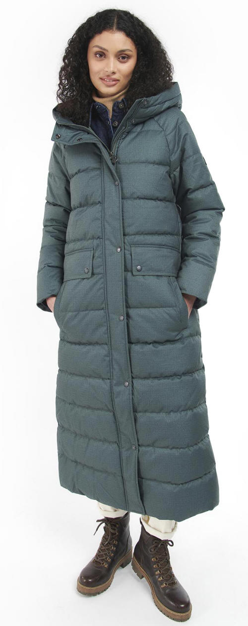 Dark green hooded quilted coat with button front and side pockets