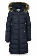 Barbour Rosoman quilt jacket, dark navy, full-length with faux fur hood trim and zip front