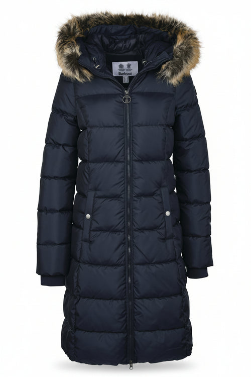 Barbour Rosoman quilt jacket, dark navy, full-length with faux fur hood trim and zip front
