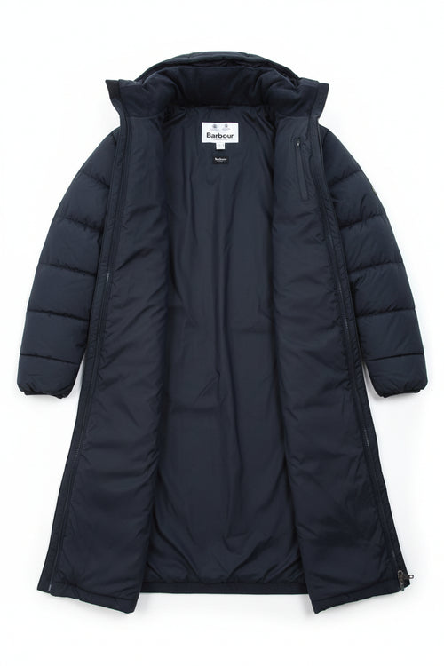 Barbour Rosoman quilt jacket, dark navy, full-length parka with front zipper and hood