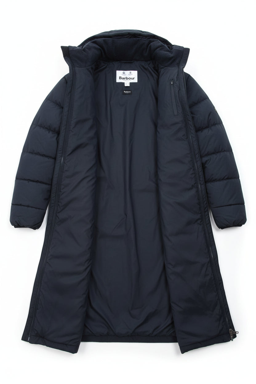 Barbour Rosoman quilt jacket, dark navy, full-length parka with front zipper and hood