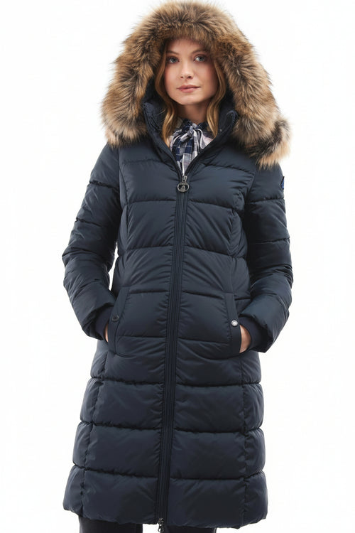 Barbour quilt parka jacket in dark navy with faux fur hood trim and front zipper