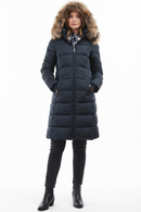 Barbour dark navy quilt parka with faux fur hood trim, front zip, and long hem