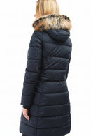 Barbour quilt jacket parka back view, dark navy with faux fur-trimmed hood